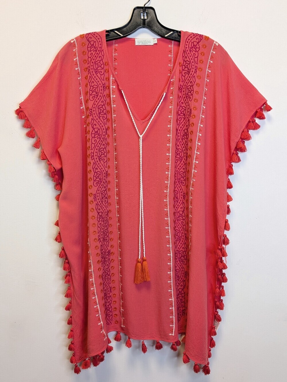 Spartina 449 Coral Embroidered Tassel Caftan Cover Up Tunic OS